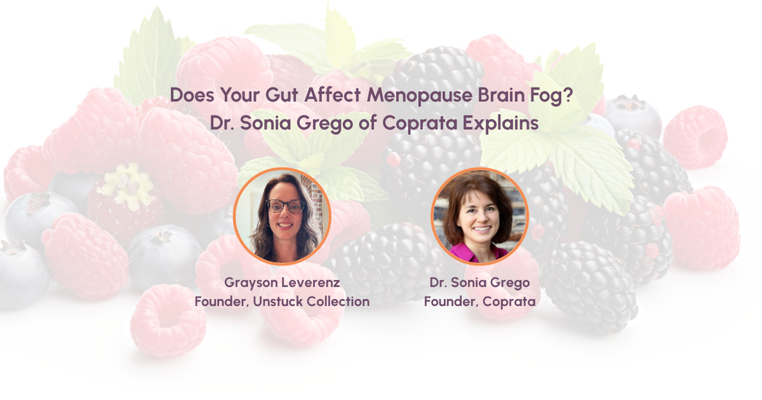 Background of healthy berries. Foreground photos of Grayson Leverenz, Founder of Unstuck Collection and Dr. Sonia Grego, Founder of Coprata. Copy Does Your Gut Affect Menopause Brain Fog? Dr. Sonia Grego of Coprata Explains